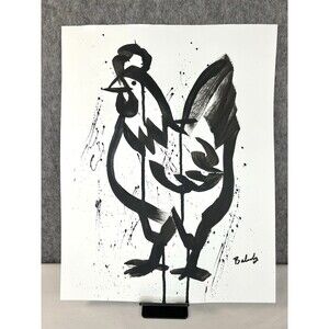 Bold Abstract Rooster Painting Black Ink Modern Art on Heavyweight Paper 11x14